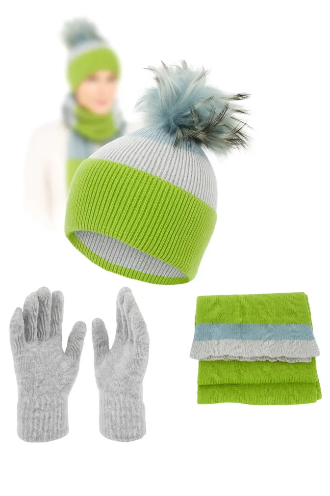 Damski Komplet Zimowy W453A Zielono-Szary Polar Fashion Czapka Szalik Rękawiczki