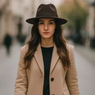 Kapelusz fedora damski R239D ciemnobrązowy poliester Polar Fashion - 6