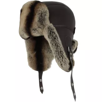 Pilotka zimowa męska  Uszatka W519A brązowa skóra i naturalne futro Polar Fashion - 2