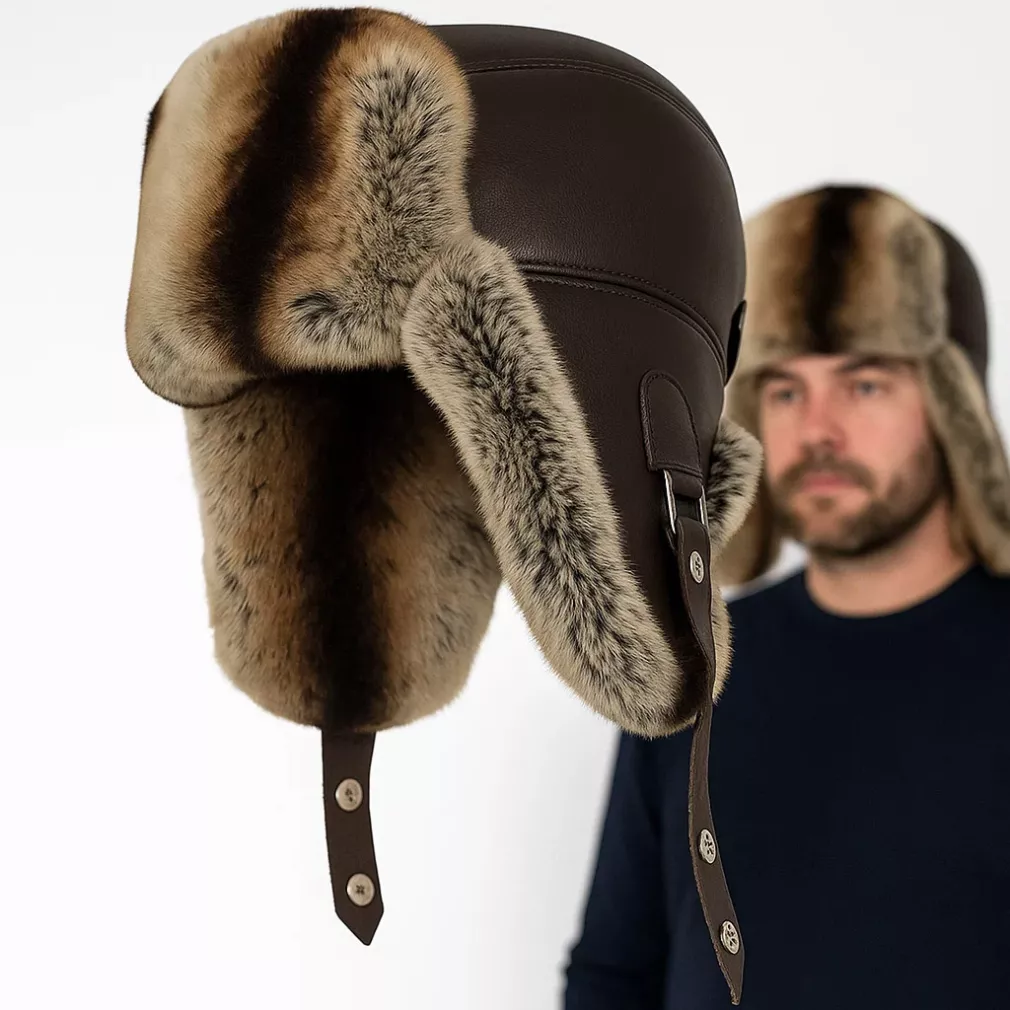 Pilotka zimowa męska  Uszatka W519A brązowa skóra i naturalne futro Polar Fashion