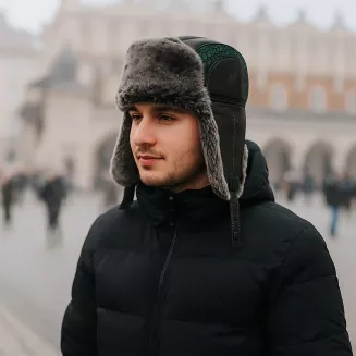 Męska skórzana pilotka uszatka W521A czarno-zielona na mróz Polar Fashion - 7