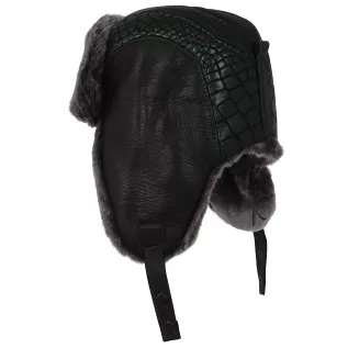 Męska skórzana pilotka uszatka W521A czarno-zielona na mróz Polar Fashion - 5