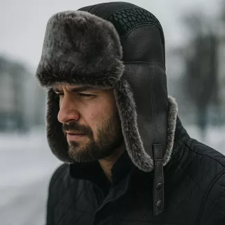 Męska skórzana pilotka uszatka W521A czarno-zielona na mróz Polar Fashion - 8