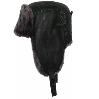 Męska skórzana pilotka uszatka W521A czarno-zielona na mróz Polar Fashion - 4