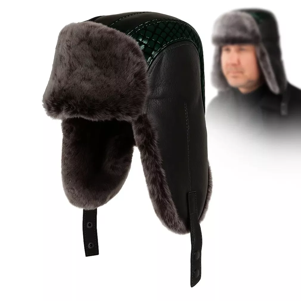 Męska skórzana pilotka uszatka W521A czarno-zielona na mróz Polar Fashion