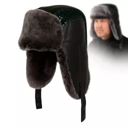 Męska skórzana pilotka uszatka W521A czarno-zielona na mróz Polar Fashion