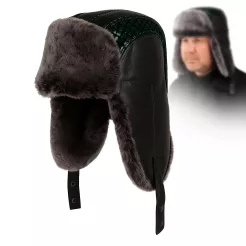 Męska skórzana pilotka uszatka W521A czarno-zielona na mróz Polar Fashion