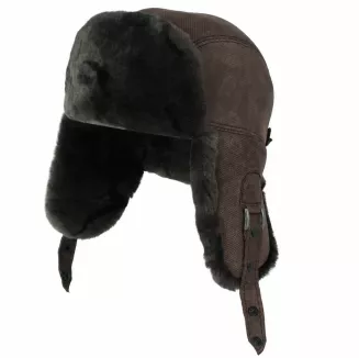 Czapka Uszatka Skórzana Brązowa Pilotka Grafitowe Futerko Unisex W533C - 4