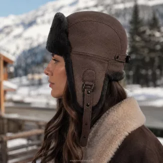 Czapka Uszatka Skórzana Brązowa Pilotka Grafitowe Futerko Unisex W533C - 5