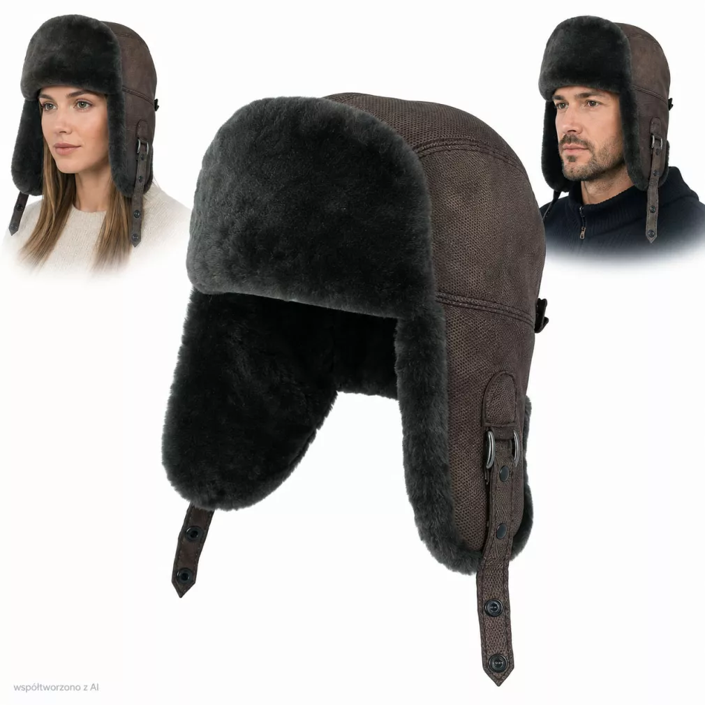 Czapka Uszatka Skórzana Brązowa Pilotka Grafitowe Futerko Unisex W533C