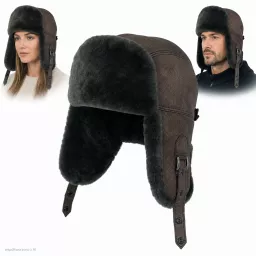 Czapka Uszatka Skórzana Brązowa Pilotka Grafitowe Futerko Unisex W533C