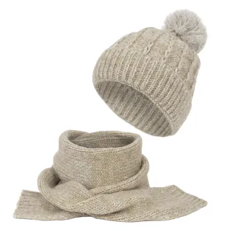 Damski Ciepły Komplet Zimowy Polar Fashion – Czapka i Szalik Beżowy W475A - 2