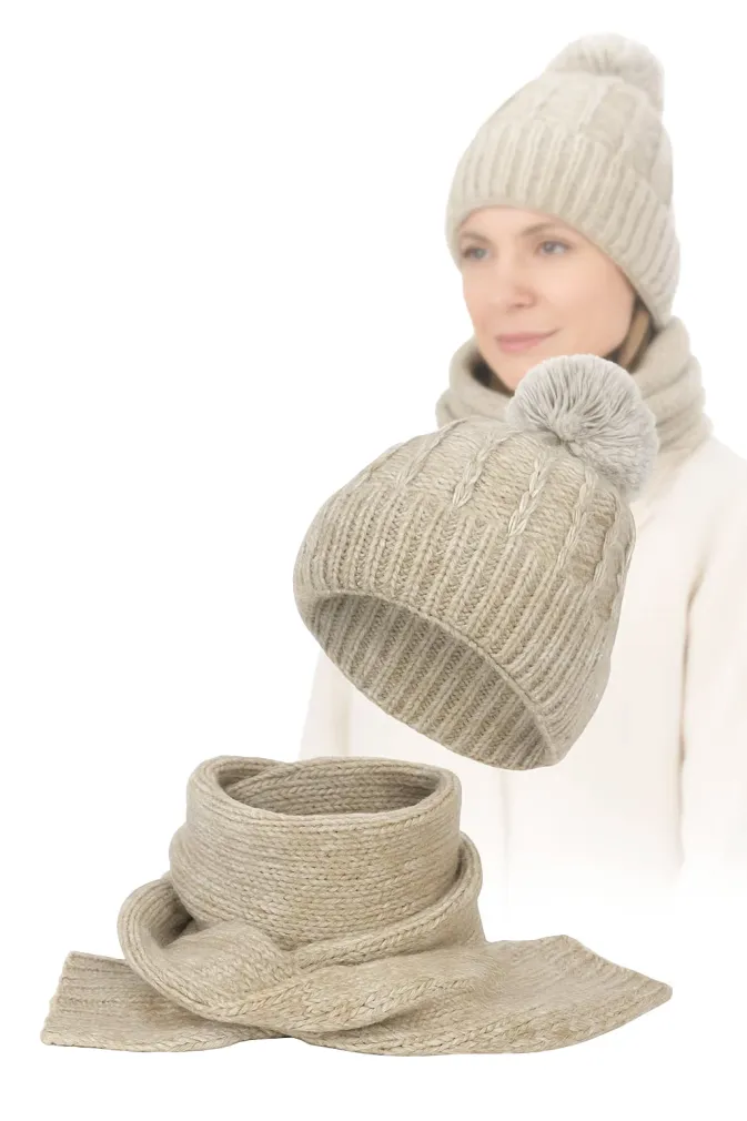 Damski Ciepły Komplet Zimowy Polar Fashion – Czapka i Szalik Beżowy W475A