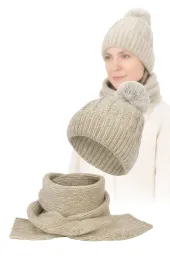 Damski Ciepły Komplet Zimowy Polar Fashion – Czapka i Szalik Beżowy W475A