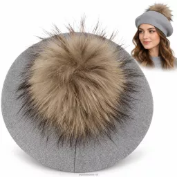 Zimowy Beret Damski Szary z Dużym Pomponem Naturalny Jenot Elegancki W534B