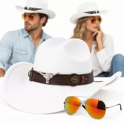 Męski Damski Biały Kapelusz R260A Kowbojski Western z Okularami Pilotki