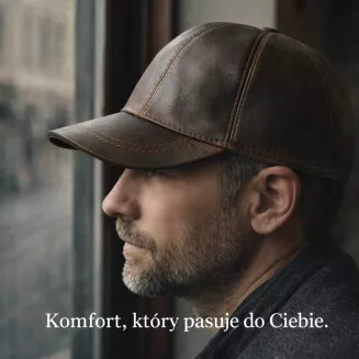 Męska brązowa skórzana bejsbolówka z osłoną uszu, ocieplana polarem Polar Fashion K298A - 7