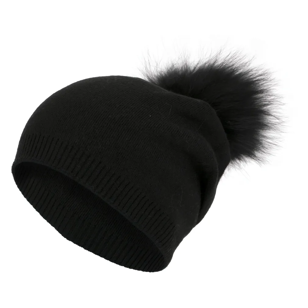 W439E Black Polar Fashion Winter Hat Beanie Made With Cashmere And Viscose Pompon With Jenot