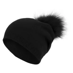 W439E Black Polar Fashion Winter Hat Beanie Made With Cashmere And Viscose Pompon With Jenot