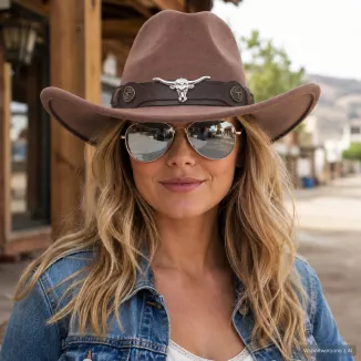 KAPELUSZ KOWBOJSKI KARMELOWY WESTERN + OKULARY PILOTKI ZESTAW UNISEX R259F - 9