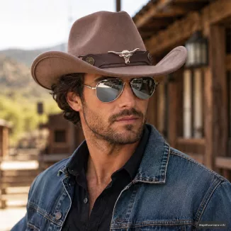 KAPELUSZ KOWBOJSKI KARMELOWY WESTERN + OKULARY PILOTKI ZESTAW UNISEX R259F - 2