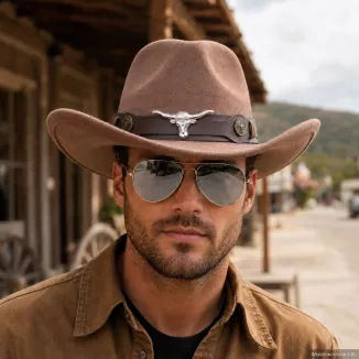 KAPELUSZ KOWBOJSKI KARMELOWY WESTERN + OKULARY PILOTKI ZESTAW UNISEX R259F - 10