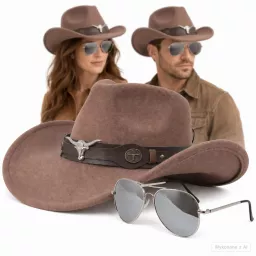 KAPELUSZ KOWBOJSKI KARMELOWY WESTERN + OKULARY PILOTKI ZESTAW UNISEX R259F