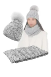 Modny Komplet Szary W364AK – Czapka Szt. Futerko + Szal 170cm Polar Fashion