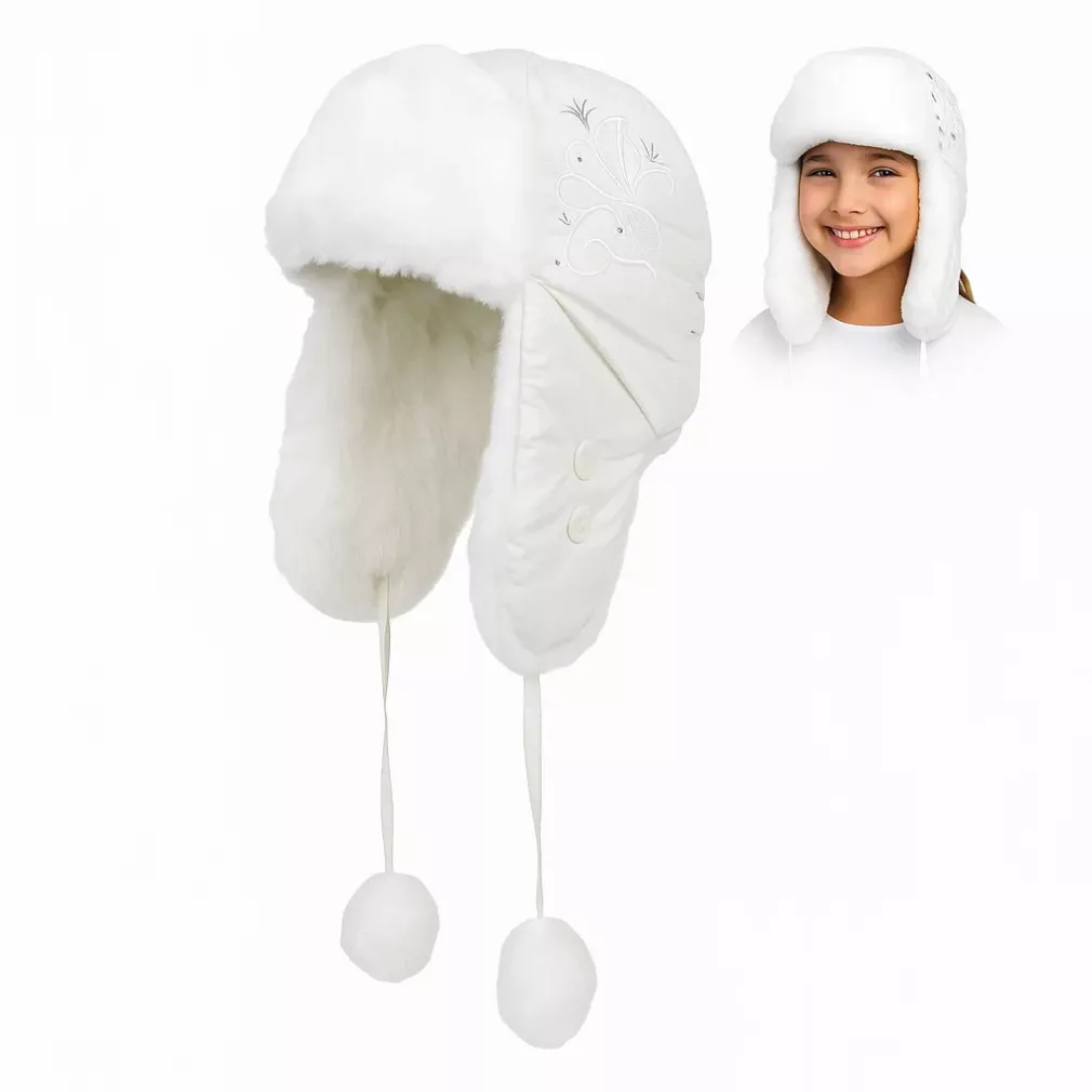 Dziewczęca czapka zimowa uszatka W149H biała ciepła futrzana Polar Fashion