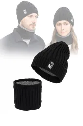 Czarny  Komplet Zimowy Unisex Czapka  Komin z Futerkiem Polarowym W461A