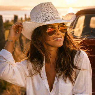 Kapelusz Kowbojski Damski BOHO Biały + Okulary Aviator Festiwal Lato R251A - 6