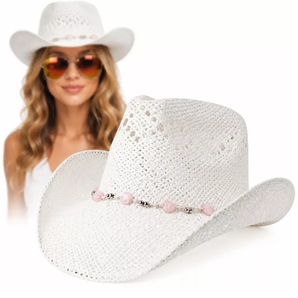 Kapelusz Kowbojski Damski BOHO Biały + Okulary Aviator Festiwal Lato R251A