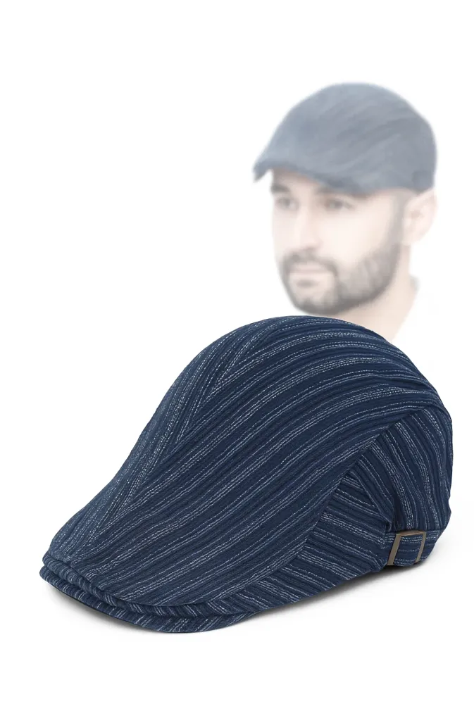 PolarFashion-Granatowy prążkowany kaszkiet męski bawełniany z regulacją-K194B