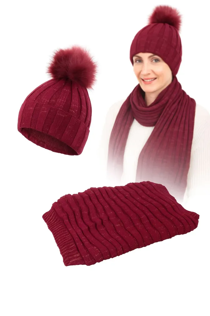 W359Ck Red Haker Women'S Winter Set Knitted Hat With Scarf