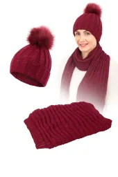 Ciepły Zestaw W359CK  Bordowa Czapka i Szal  Akryl z Blaskiem Polar Fashion