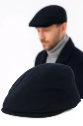 Modny Ciepły kaszkiet męski granatowy w jodełkę z wełną K280B Polar Fashion