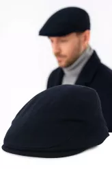 Modny Ciepły kaszkiet męski granatowy w jodełkę z wełną K280B Polar Fashion