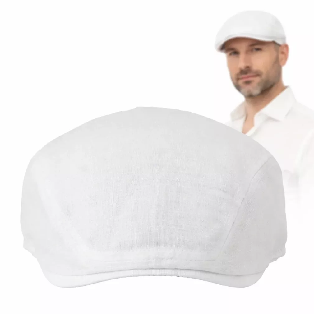 Kaszkiet Męski Biały Lniany Flat Cap Letni Lekki Przewiewny 57-60 cm K309A