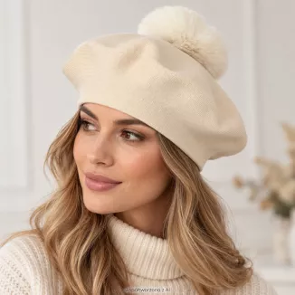 Beret Damski Jasny Beż z Dużym Pomponem Sztuczne Futro Stylowy Zimowy W537A - 2