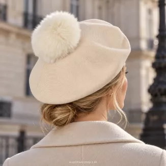 Beret Damski Jasny Beż z Dużym Pomponem Sztuczne Futro Stylowy Zimowy W537A - 4