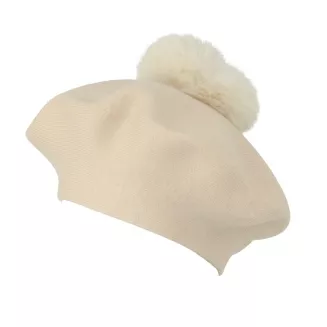 Beret Damski Jasny Beż z Dużym Pomponem Sztuczne Futro Stylowy Zimowy W537A - 5