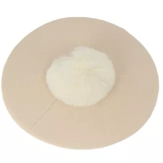 Beret Damski Jasny Beż z Dużym Pomponem Sztuczne Futro Stylowy Zimowy W537A - 6