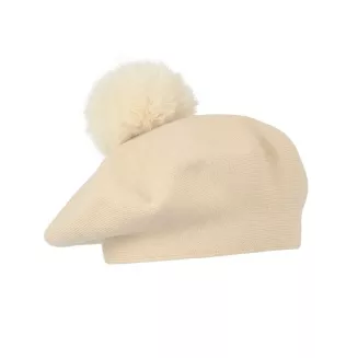 Beret Damski Jasny Beż z Dużym Pomponem Sztuczne Futro Stylowy Zimowy W537A - 7