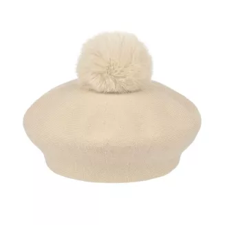 Beret Damski Jasny Beż z Dużym Pomponem Sztuczne Futro Stylowy Zimowy W537A - 9