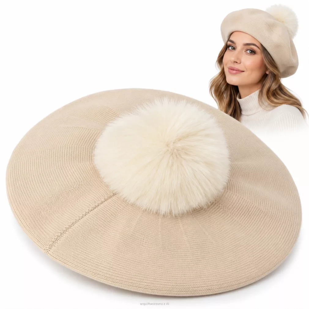 Beret Damski Jasny Beż z Dużym Pomponem Sztuczne Futro Stylowy Zimowy W537A