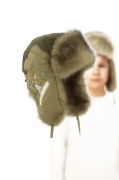 Zimowa Ciepła Czapka Dziecięca  W150A  Zielono-beżowa Uszatka Polar Fashion