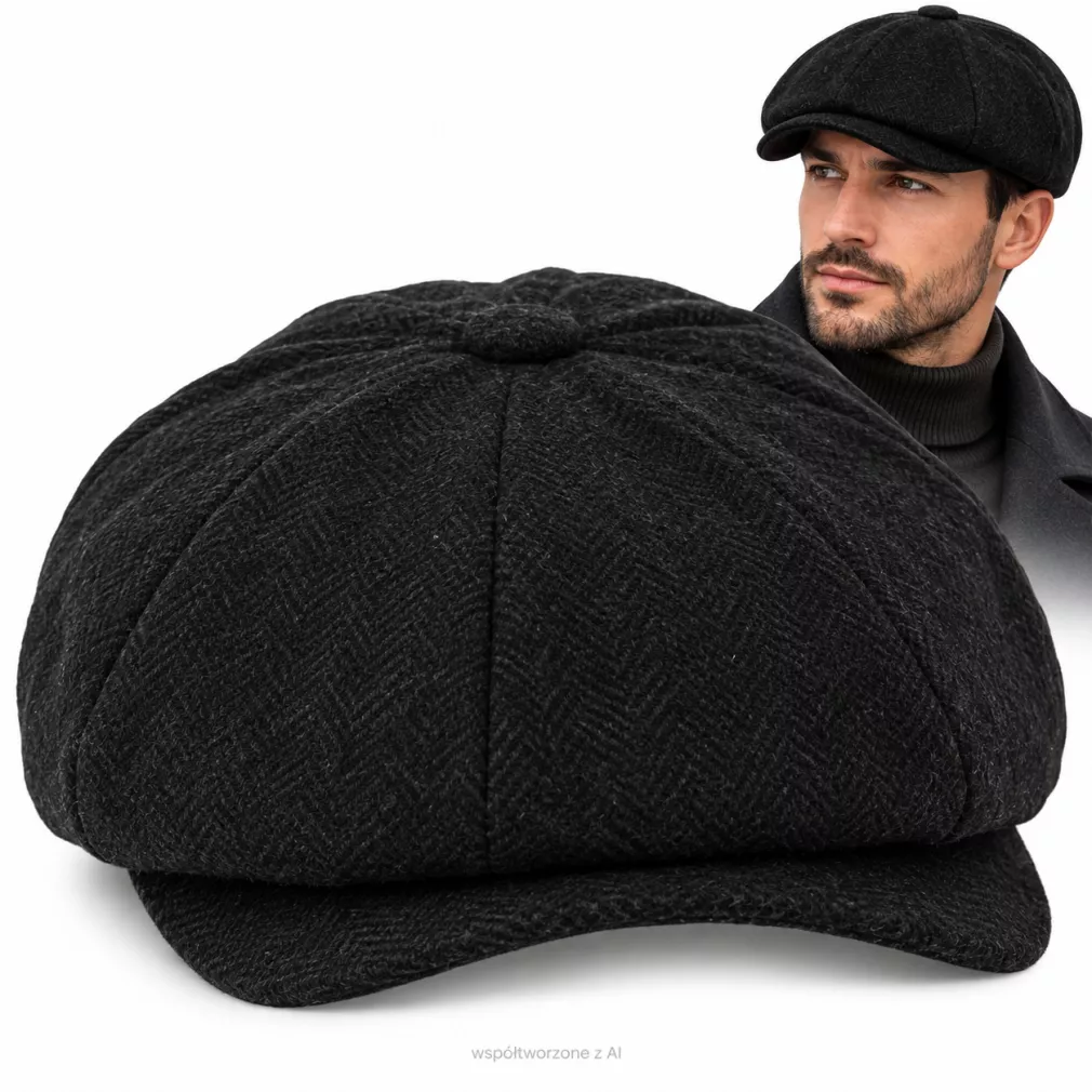 Kaszkiet Męski Ocieplany Gazeciarz Czarny Jodełka Peaky Blinders K283E