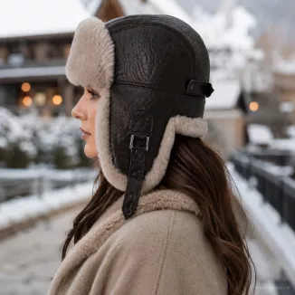 Skórzana Czapka Uszatka Pilotka W532K Ciemny Brąz z Jasnym Futerkiem Unisex - 5