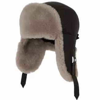 Skórzana Czapka Uszatka Pilotka W532K Ciemny Brąz z Jasnym Futerkiem Unisex - 4