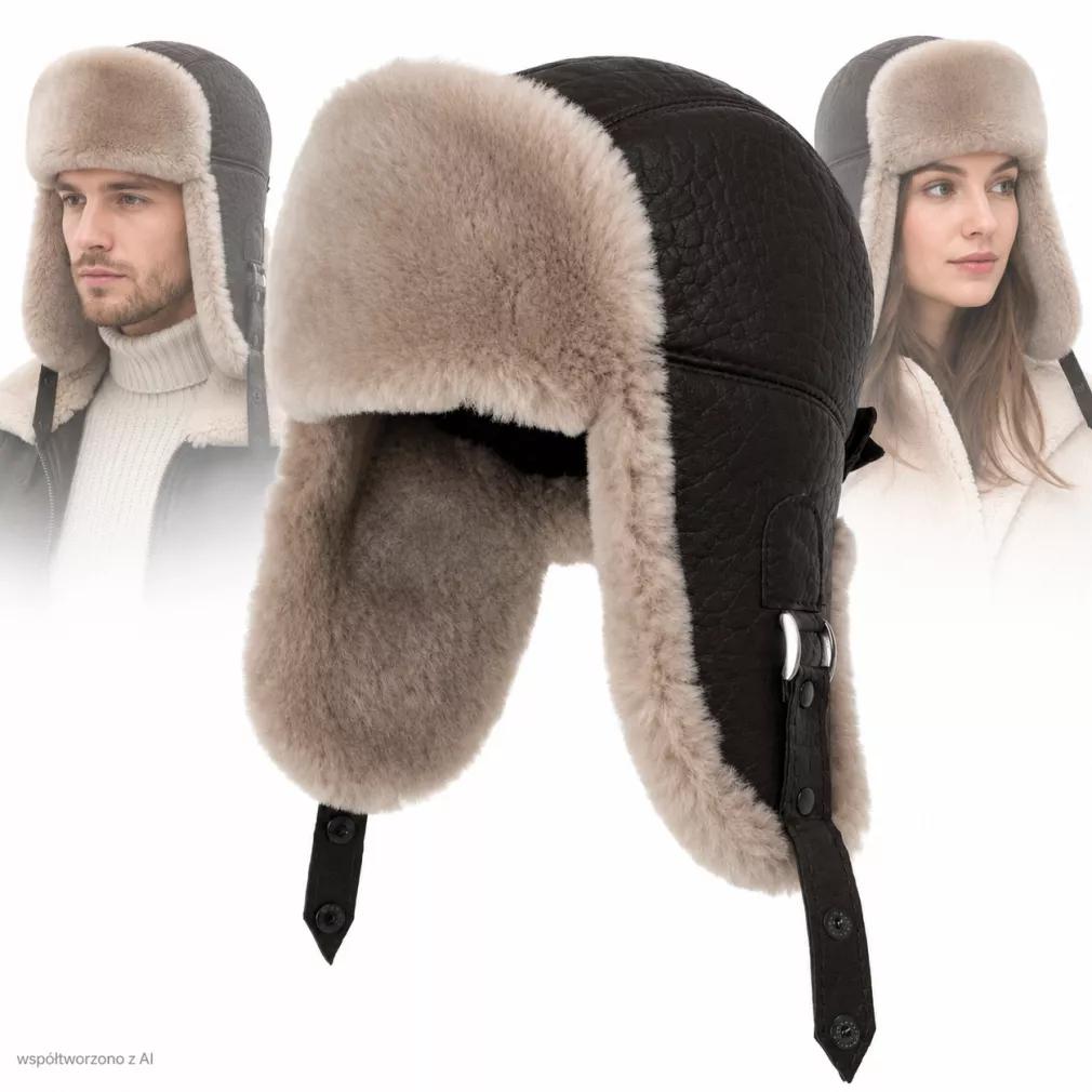Skórzana Czapka Uszatka Pilotka W532K Ciemny Brąz z Jasnym Futerkiem Unisex